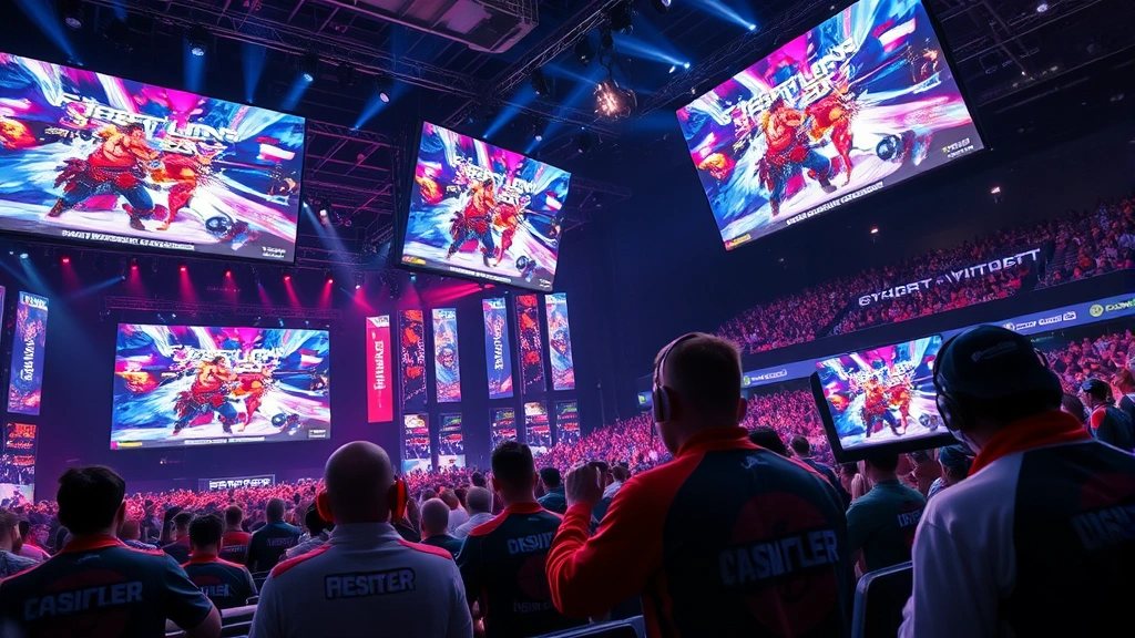 Professional esports athletes competing in fighting game tournament with massive screens displaying gameplay and intense crowd atmosphere