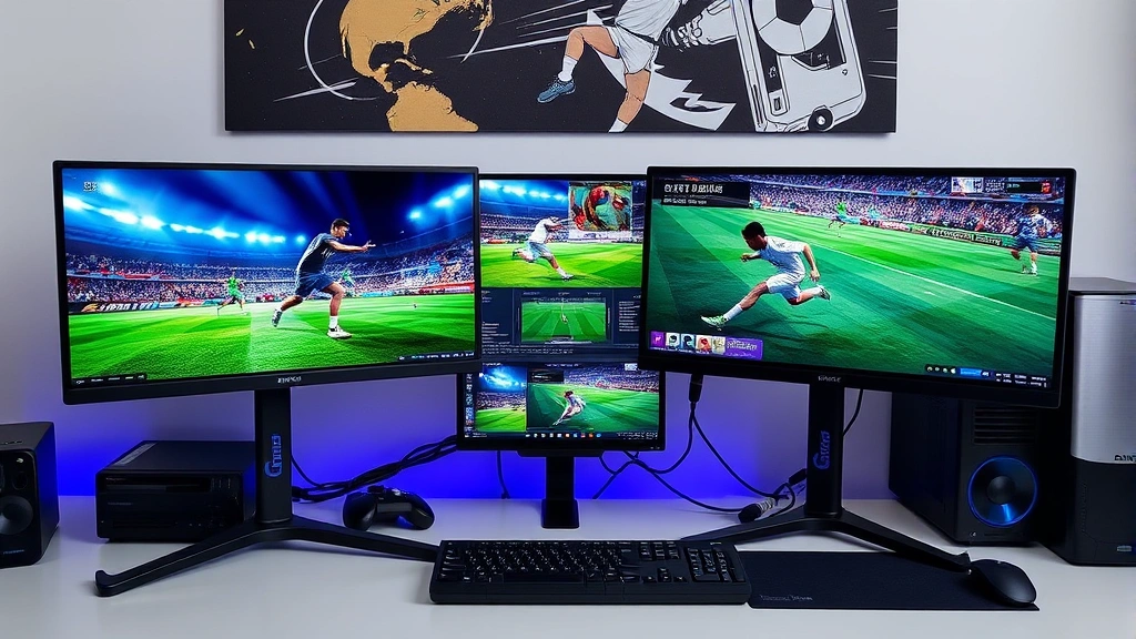 High-performance gaming PC setup with multiple monitors displaying different sports games running simultaneously with optimal graphics settings