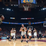 Professional basketball arena with Warriors players in action during intense game moment, dynamic lighting, crowd visible in background, photorealistic high quality