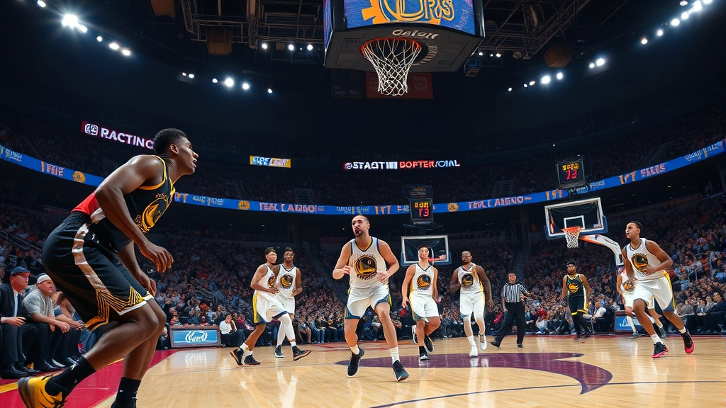 Professional basketball arena with Warriors players in action during intense game moment, dynamic lighting, crowd visible in background, photorealistic high quality