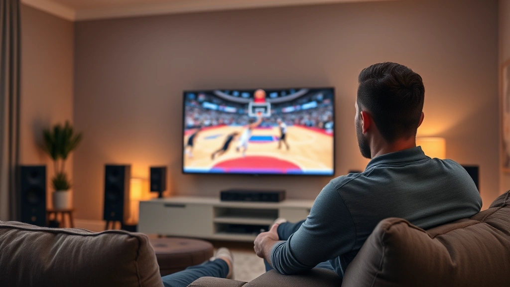 Sports fan watching basketball game on modern smart TV in comfortable home theater setup with quality sound system and ambient lighting, engaging expression