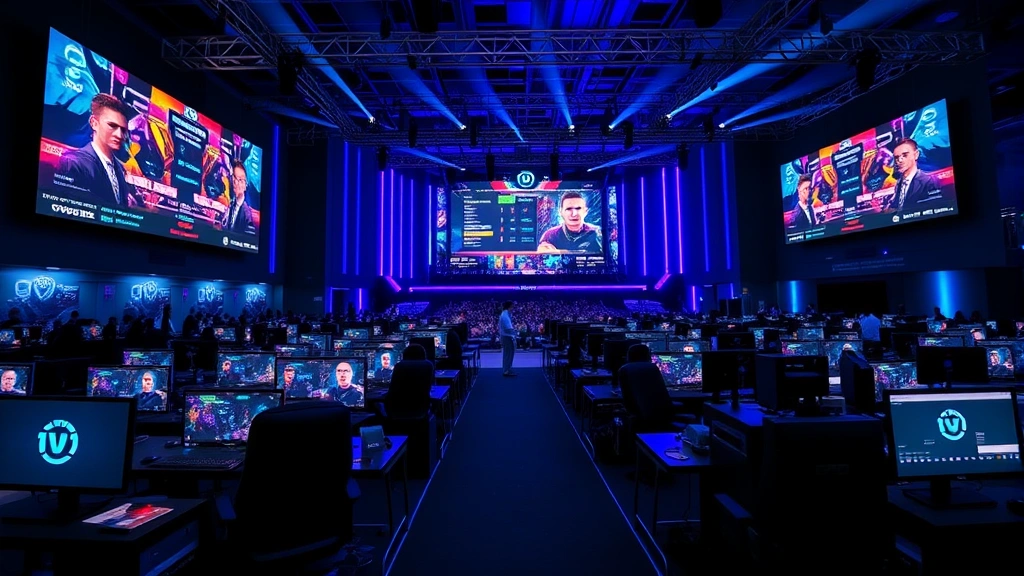 Professional gaming arena with multiple large display screens showing competition leaderboards and contestant stats, rows of high-end gaming PCs and consoles with professional lighting rigs overhead, audience seating visible in background, vibrant blue and purple accent lighting