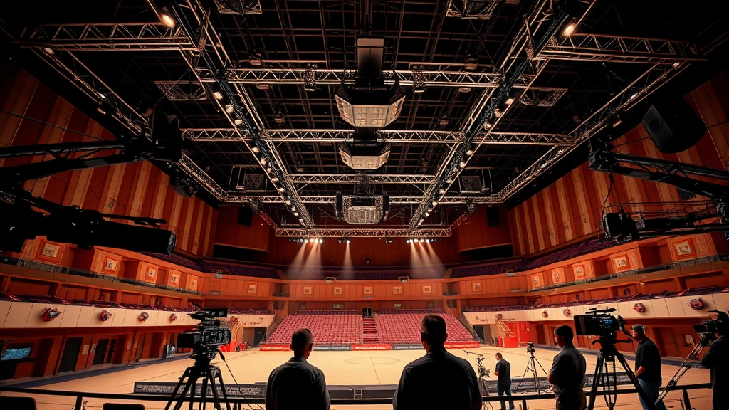 Wide shot of massive soundstage interior with custom-built competition arena, professional cinema cameras on cranes and rigs, multiple lighting trusses suspended from ceiling, production crew members in headsets managing equipment, cables and infrastructure visible throughout the space