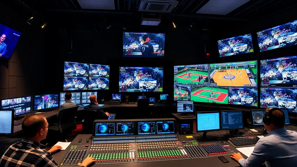 Behind-the-scenes control room with multiple broadcast monitors displaying different camera feeds and game footage, technical directors and producers at workstations, audio mixing console with numerous channels, blue and green indicator lights reflecting off glass panels, professional broadcast environment