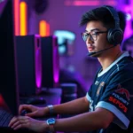 Professional esports player sitting at gaming desk with high-end PC setup, wearing team jersey, focused expression, RGB lighting, competitive gaming environment