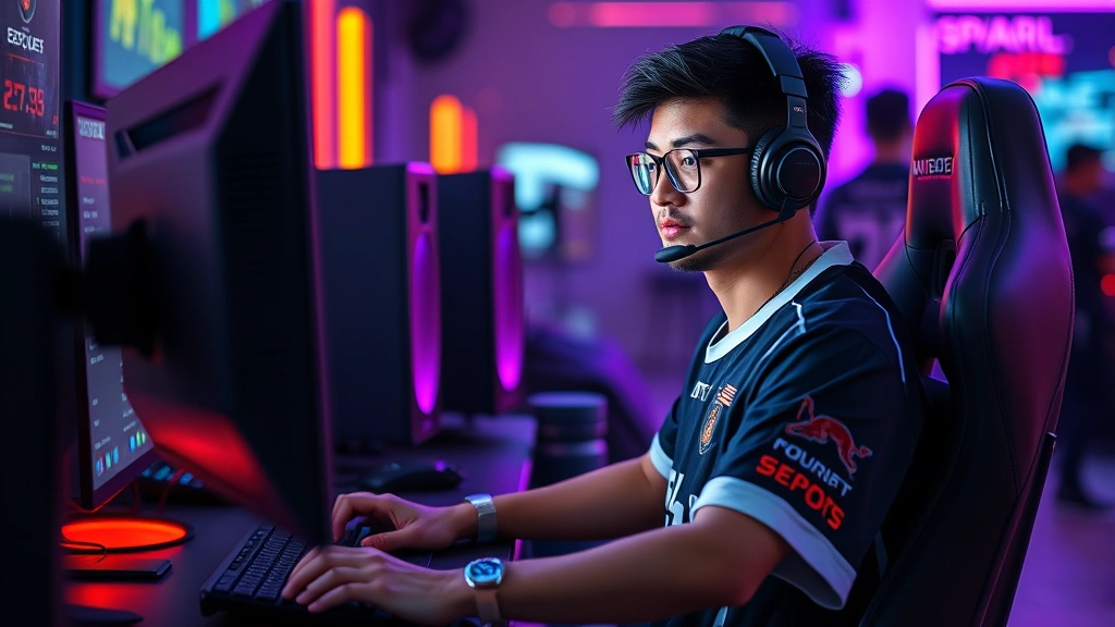 Professional esports player sitting at gaming desk with high-end PC setup, wearing team jersey, focused expression, RGB lighting, competitive gaming environment