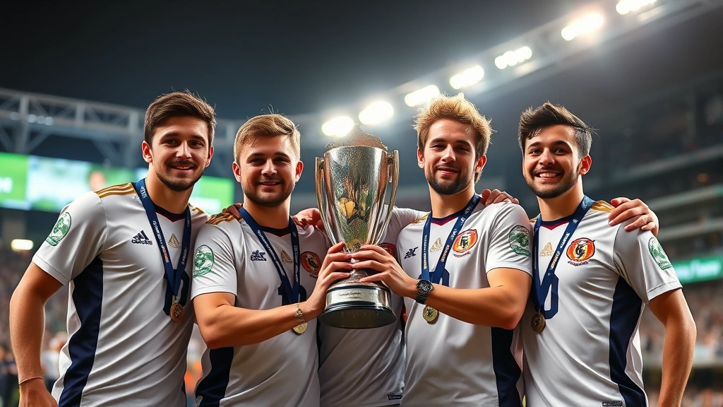 Five professional gamers in team jerseys celebrating tournament victory together, holding trophy, stadium lighting, emotional celebration moment, championship atmosphere