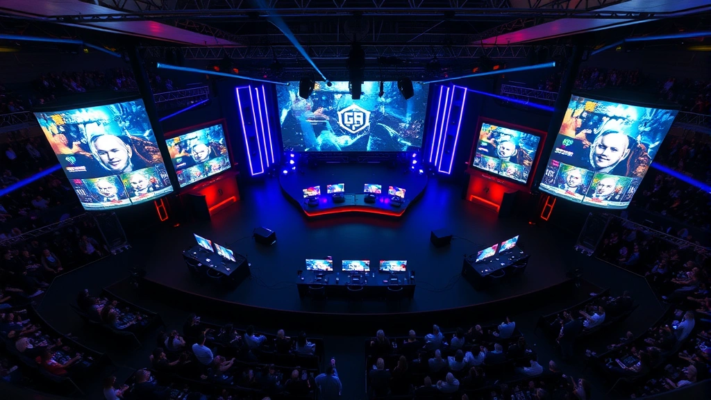 Overhead view of gaming tournament stage with multiple gaming stations, large screens displaying gameplay, crowd in background, professional esports event venue