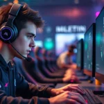 Professional esports competitor intensely focused at gaming setup during championship tournament, RGB lighting, mechanical keyboard and mouse visible, photorealistic professional photography