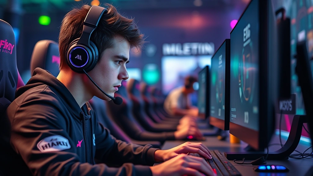 Professional esports competitor intensely focused at gaming setup during championship tournament, RGB lighting, mechanical keyboard and mouse visible, photorealistic professional photography