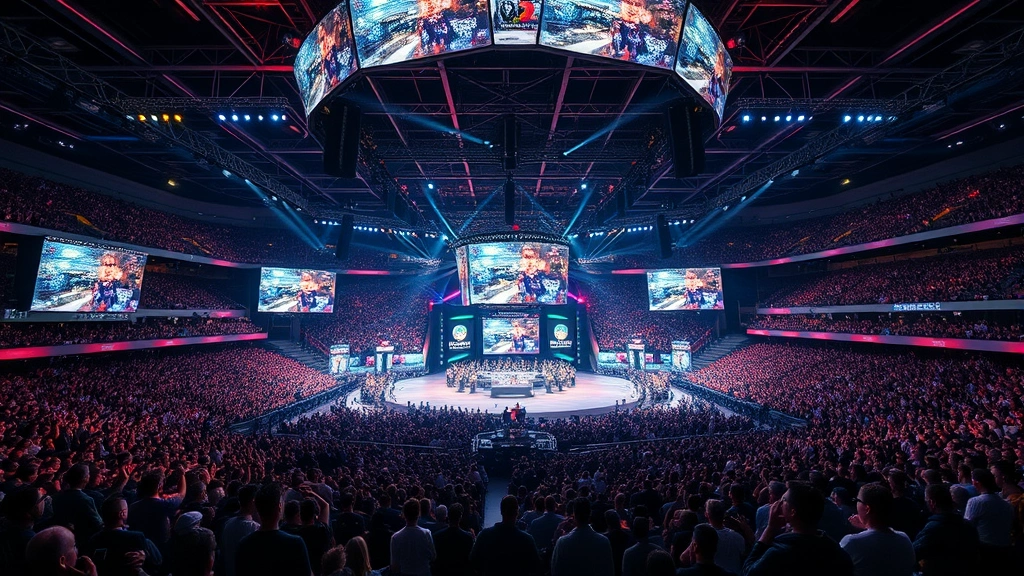 Massive esports arena stage with thousands of cheering spectators in background, professional lighting rigs overhead, large screens displaying gameplay, energetic crowd atmosphere