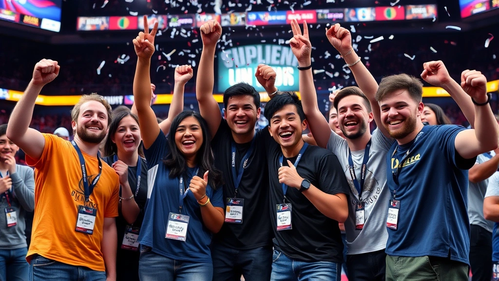 Group of diverse professional gamers celebrating victory together on tournament stage, genuine smiles and raised fists, confetti falling, professional stadium environment