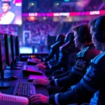 Professional esports players wearing team jerseys sitting at high-tech gaming computers with mechanical keyboards and RGB lighting during competitive match, stadium backdrop with crowd visible