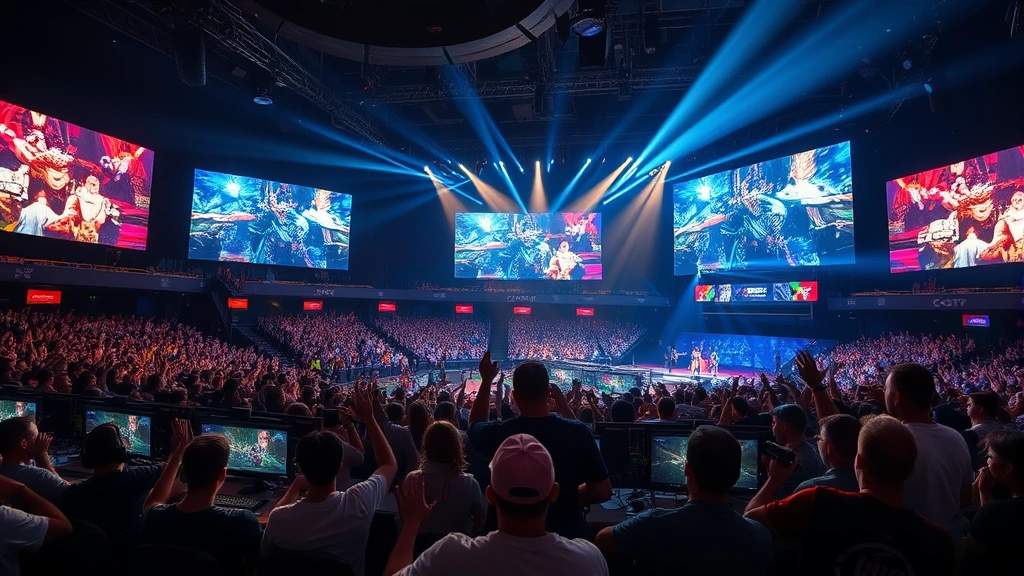 Intense esports arena scene with massive LED screens displaying game footage, crowd of passionate fans cheering, players focused at gaming rigs, dramatic stage lighting and professional broadcast setup