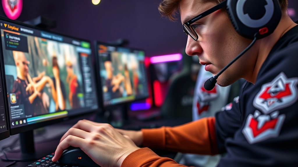 Close-up of skilled esports player hands on gaming mouse and keyboard, intense facial expression, multiple monitors showing game client and statistics, professional tournament environment with team branding visible