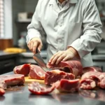 Professional butcher in clean white coat working at stainless steel table processing venison meat with sharp knives, bright kitchen lighting, fresh cuts visible, realistic photography