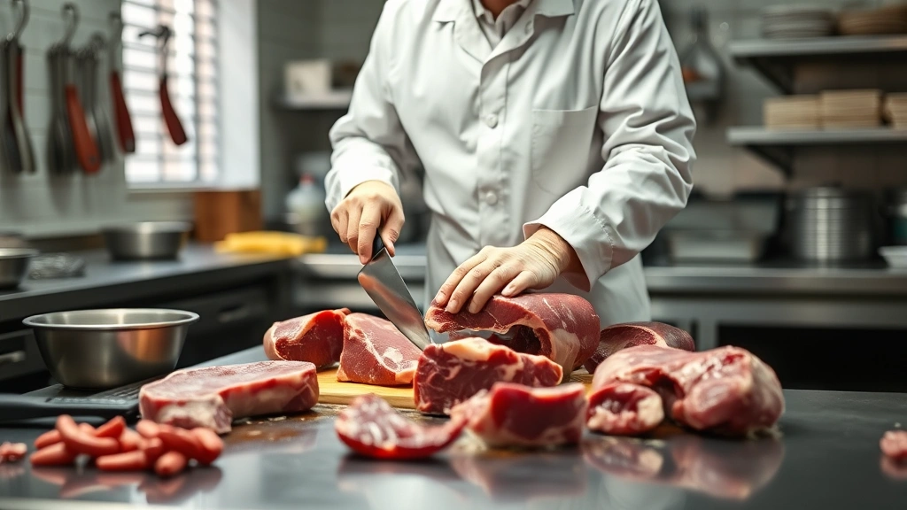 Professional butcher in clean white coat working at stainless steel table processing venison meat with sharp knives, bright kitchen lighting, fresh cuts visible, realistic photography