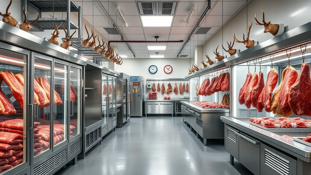 Modern wild game processing facility interior showing refrigerated cases, organized meat storage, stainless steel equipment, clean floors, professional workspace setup, photorealistic