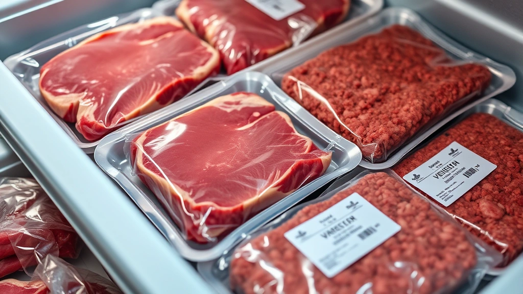 Close-up of packaged venison steaks and ground meat with vacuum sealing, labeled and organized in freezer, professional packaging materials, realistic food photography