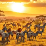 Vibrant African savanna ecosystem with diverse wildlife including zebras, giraffes, and lions grazing together under golden afternoon sunlight, photorealistic rendering, no HUD elements
