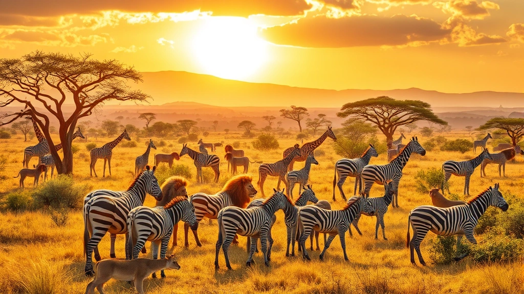 Vibrant African savanna ecosystem with diverse wildlife including zebras, giraffes, and lions grazing together under golden afternoon sunlight, photorealistic rendering, no HUD elements
