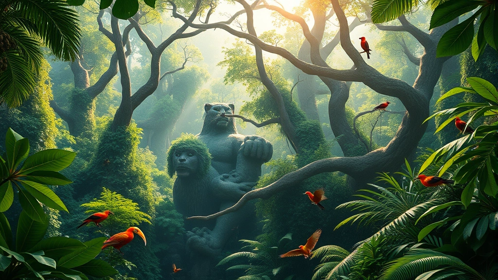Lush rainforest canopy scene with exotic birds, jaguars, and colorful wildlife among towering ancient trees with dappled sunlight filtering through dense foliage