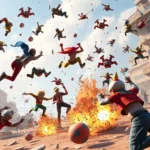 Chaotic multiplayer battle scene with ragdoll physics, colorful characters flying through air, dynamic destruction environment, vibrant game world, photorealistic lighting, action-packed moment
