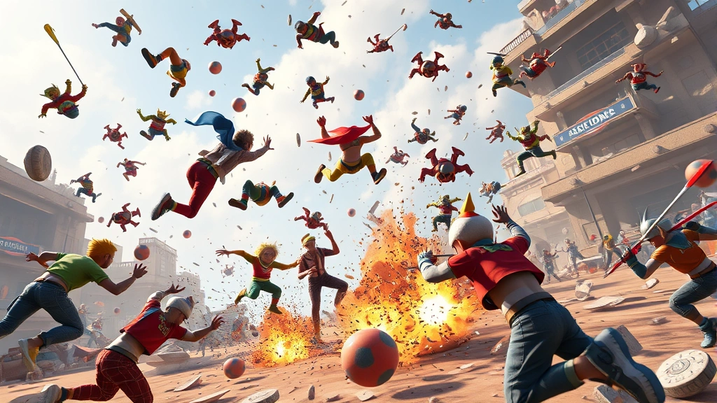 Chaotic multiplayer battle scene with ragdoll physics, colorful characters flying through air, dynamic destruction environment, vibrant game world, photorealistic lighting, action-packed moment