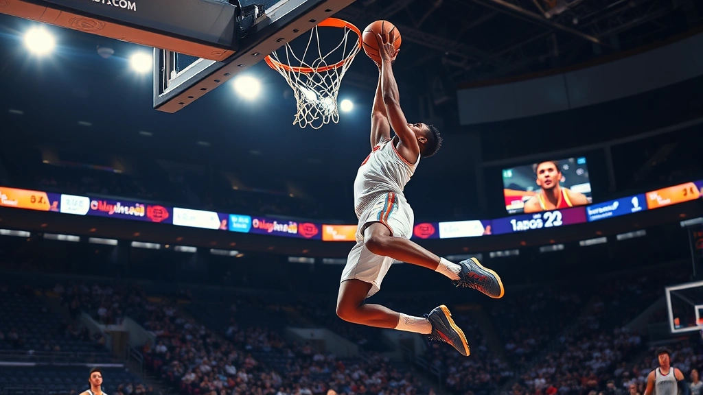 Professional basketball player dunking with explosive athletic power, arena lights illuminating the court, crowd in background, dynamic motion, photorealistic