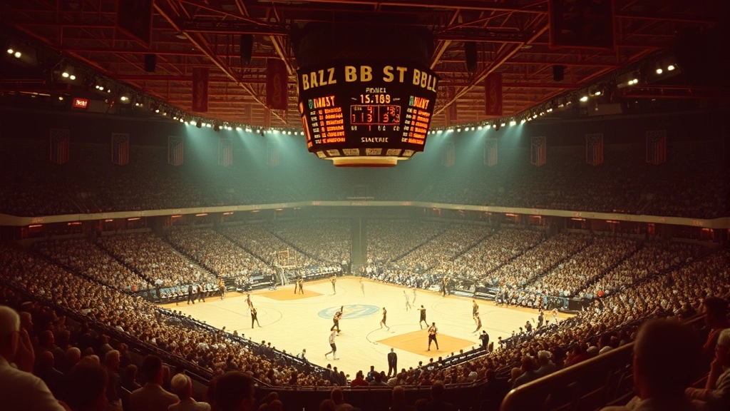 Vintage 1962 basketball arena interior with packed crowd, retro scoreboard display, professional athletes mid-game action, historical sports venue atmosphere, photorealistic