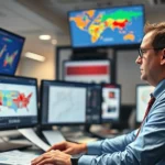 Photorealistic image of a professional political strategist analyzing campaign data on multiple monitors in a modern campaign office, surrounded by maps and polling charts, intense focus on strategy