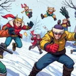 A vibrant comic book art style gaming scene featuring dynamic action poses, bold colors, and expressive character animations in a winter gaming environment
