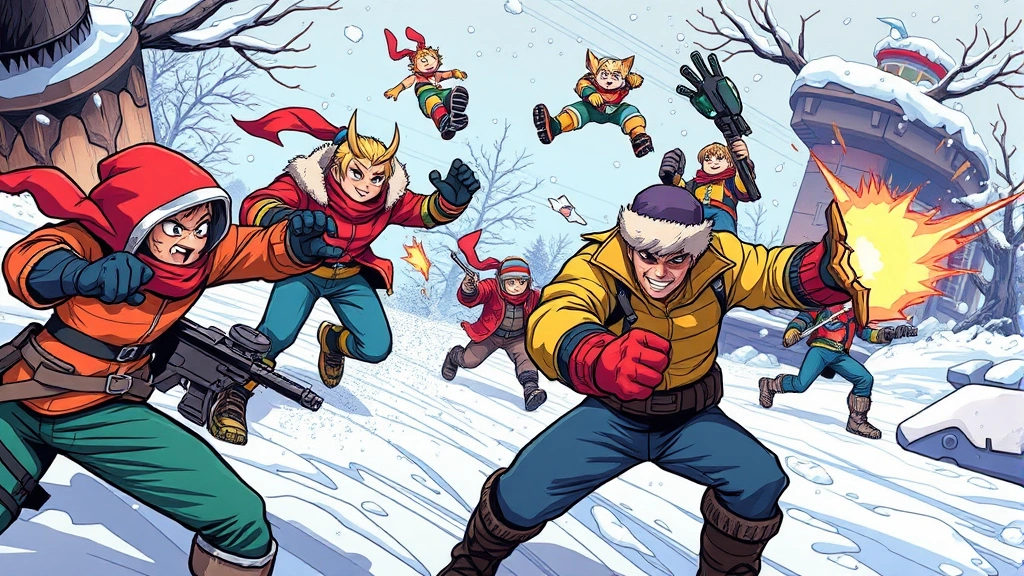 A vibrant comic book art style gaming scene featuring dynamic action poses, bold colors, and expressive character animations in a winter gaming environment