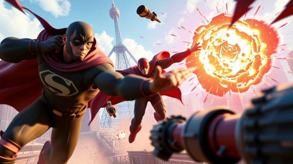 Immersive video game scene showcasing superhero-inspired action with comic book visual elements, dynamic movement, and stylized artistic presentation