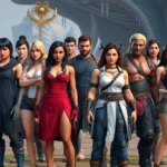 Diverse group of video game characters standing together in fantasy setting, representing different ethnicities, body types, and styles, photorealistic character models, no text or UI elements visible