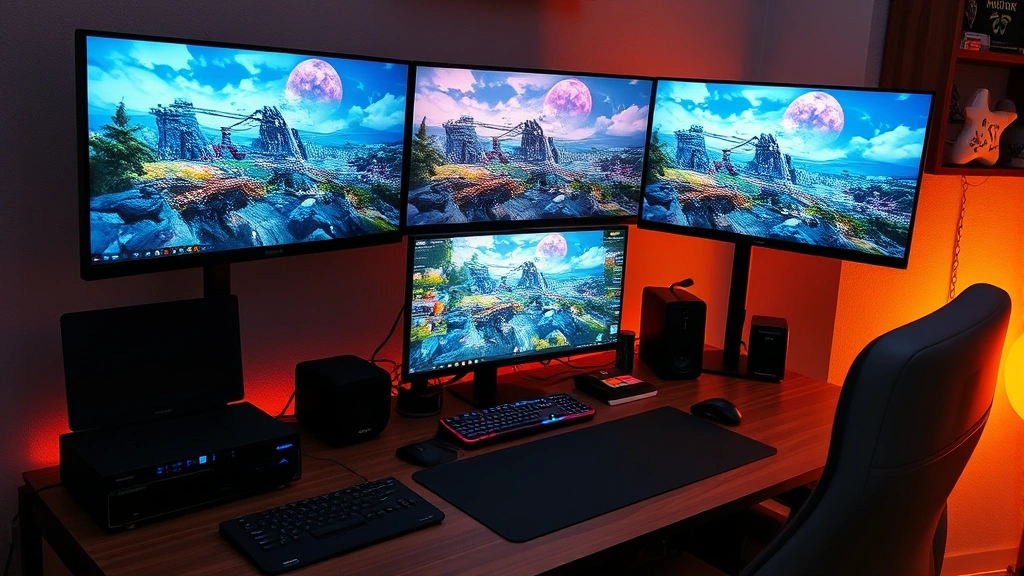 Modern gaming setup with multiple monitors displaying colorful game scenes, gaming peripherals on desk, warm lighting, cozy gaming room environment, no text visible on screens