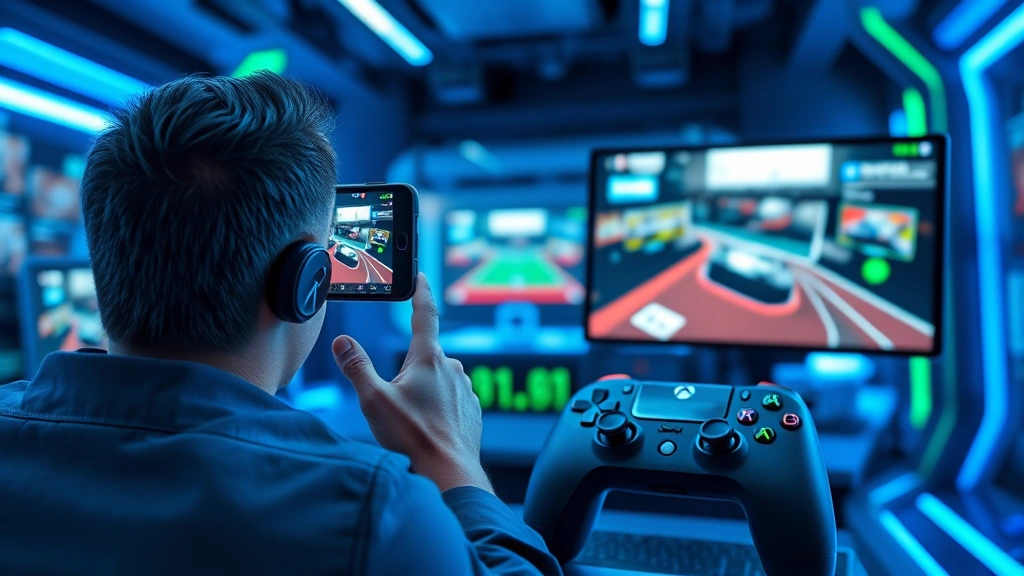 Professional gamer streaming on multiple devices simultaneously - smartphone, tablet, and gaming controller visible, futuristic digital environment, blue and green lighting, modern tech setup, photorealistic