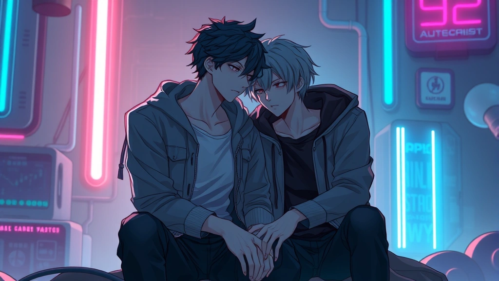 Two male anime characters sitting close together in a cyberpunk-themed neon-lit room, emotional intimate moment, digital art style, soft lighting, detailed expressions showing connection and vulnerability