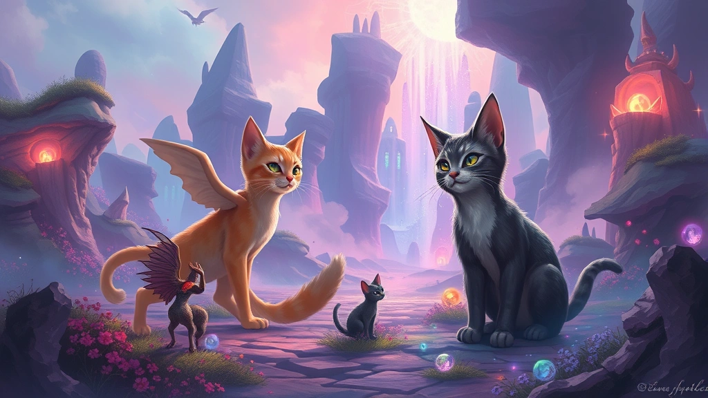 Fantasy world with cat-like humanoid beings in magical landscape, vibrant colors, ethereal atmosphere, mystical environment with floating lights, detailed character interactions, no UI elements or text