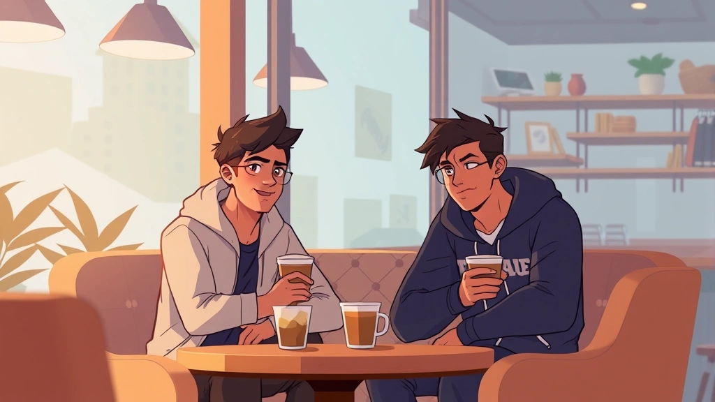 Modern indie game aesthetic showing diverse male characters in cozy coffee shop setting, warm lighting, comfortable furniture, genuine emotional expressions, artistic illustration style, peaceful atmosphere