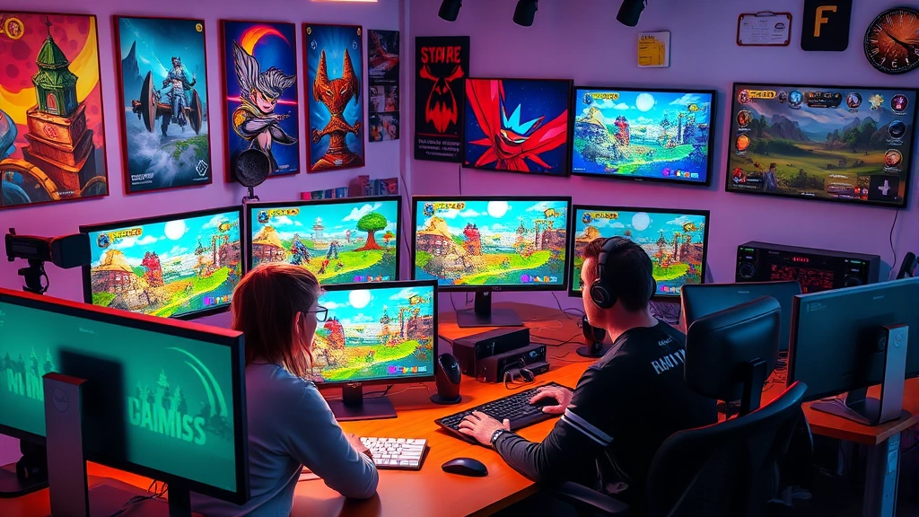 Vibrant indie game developer workspace with multiple monitors displaying colorful game environments, team members collaborating, creative atmosphere with gaming posters and art assets visible
