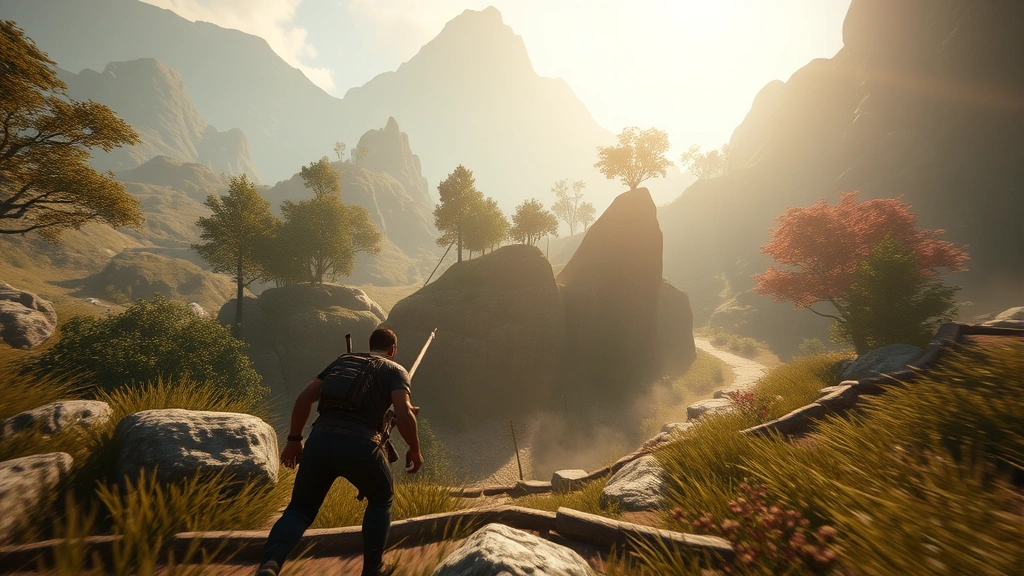 Dynamic gameplay screenshot showing character navigating beautifully designed environment with environmental storytelling elements, atmospheric lighting, diverse visual style standing out from mainstream games
