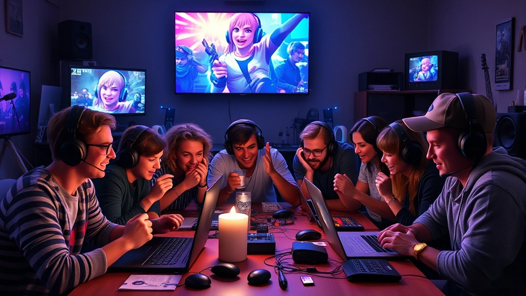 Gaming community celebrating together online, diverse players streaming and sharing content, excitement and engagement visible through streaming setups and social media interactions around indie games