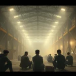 Intense Korean drama scene with multiple characters sitting in a massive warehouse during a survival game, tension-filled atmosphere, dramatic lighting, photorealistic cinematic quality, no game UI or text visible
