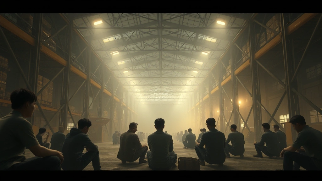 Intense Korean drama scene with multiple characters sitting in a massive warehouse during a survival game, tension-filled atmosphere, dramatic lighting, photorealistic cinematic quality, no game UI or text visible