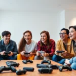Group of diverse teenagers laughing together while playing video games on a large TV screen in a bright, modern room with gaming controllers scattered on a table