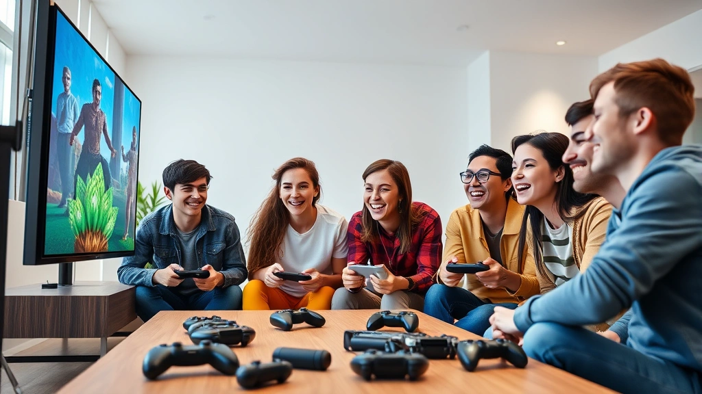 Group of diverse teenagers laughing together while playing video games on a large TV screen in a bright, modern room with gaming controllers scattered on a table