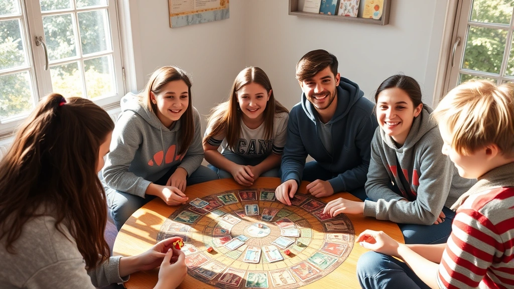 Circle of young people sitting around playing a board game with cards and dice, natural sunlight streaming through windows, genuine smiles and engaged expressions