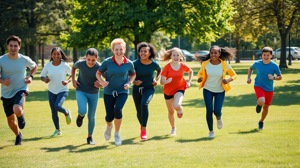 Youth group members outside playing an active team game in a park, running and celebrating together on grass, vibrant daylight, energetic movement captured mid-action