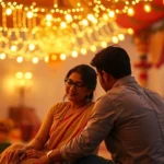 Two people sitting together under string lights during Diwali festival celebration, warm golden lighting, intimate moment, photorealistic Indian setting with traditional decorative elements in soft focus background